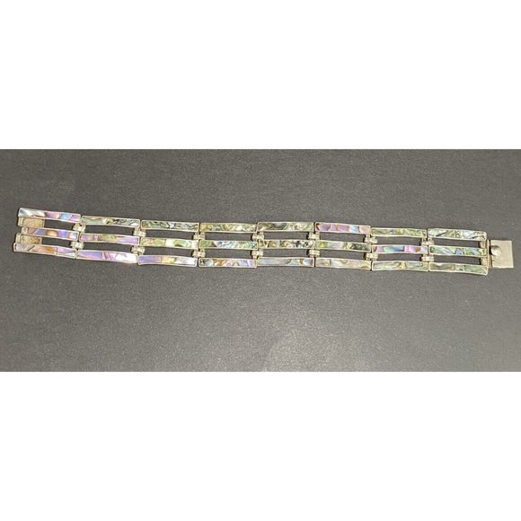 TAXCO Mexico Bracelet 925 Triple Chain Link Abalone Inlay 7.5 inches 1940s - Picture 6 of 7